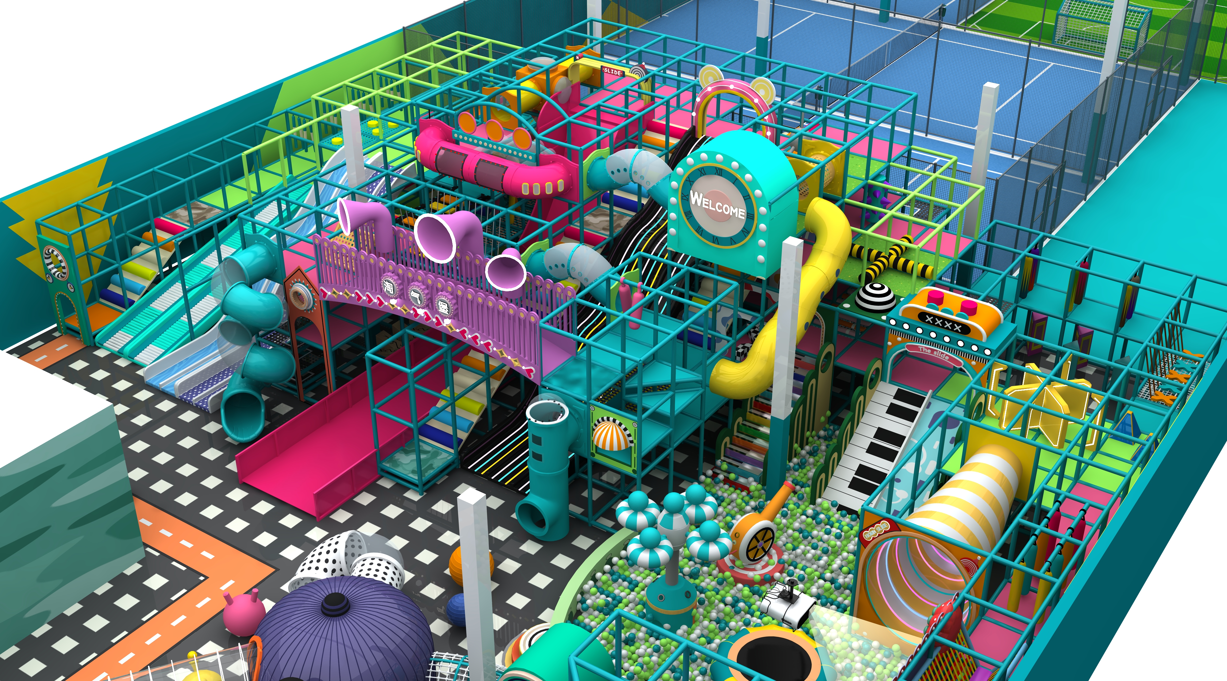 Indoor Playground Equipment with Spiral Slides, Ball Pit & Ninja Course